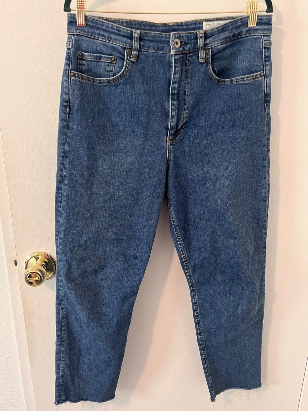 Rag & Bone Nina High Rise Ankle Cigarette Blue Jean Rye Harbor Medium Raw Hem 30